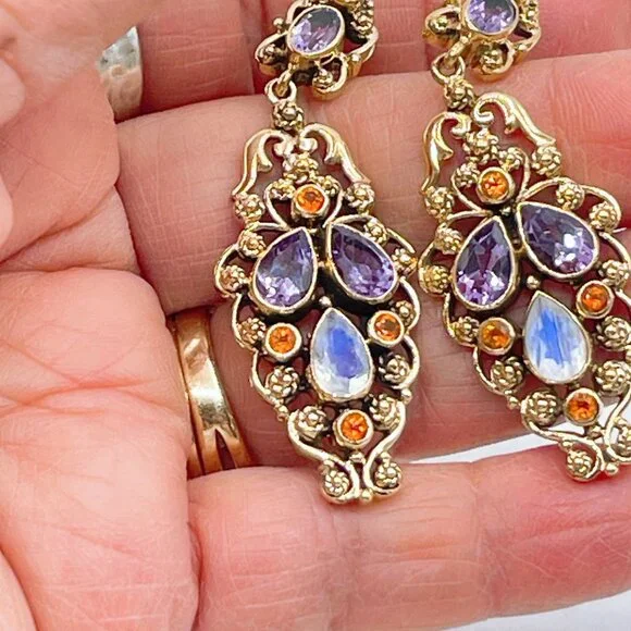 Nicky Butler Gold Tone Earrings Precious Stones Amethyst & Moonstone - Picture 6 of 7